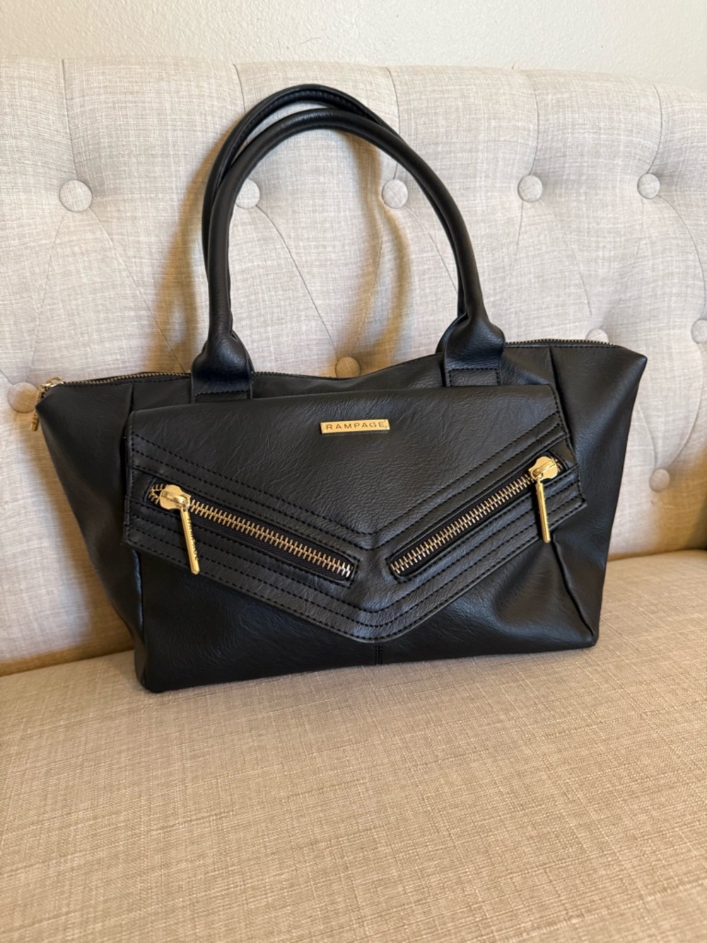 Rampage Black Faux Leather Satchel with Gold Zipper Accents